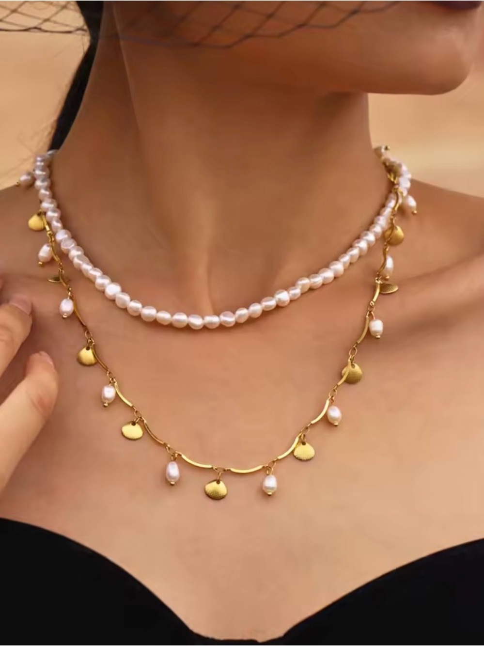 NEW Gold Natural Pearl Shell Necklace - stainless steel